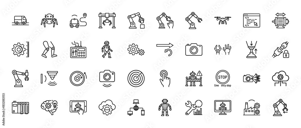 Fototapeta premium Industrial automation line icon set. Vector pictograms of robotic arms, drones, sensors, and assembly systems, thin linear illustration.