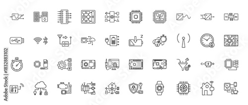 Internet of things and embedded systems line icon set. Vector pictograms of microprocessor, battery, wireless, and cloud storage, thin linear illustration.