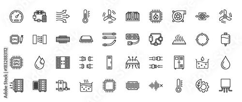 Computer cooling line icon set. Vector pictograms of heatsink, fan, radiator, liquid flow, and temperature gauge, thin linear illustration.