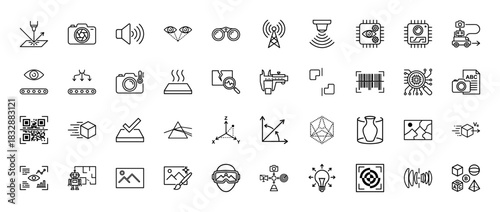 Industrial technology line icon set. Vector pictograms of optics, sensors, imaging, robotics, and measurement devices, thin linear illustration.