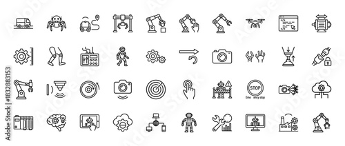 Industrial automation line icon set. Vector pictograms of robotic arms, drones, sensors, and assembly systems, thin linear illustration.