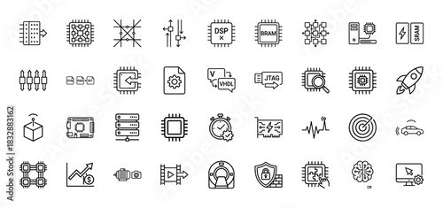 Computer engineering and semiconductor icon set. Vector pictograms of microprocessor, dsp, sram, jtag, and hardware, thin linear illustration.