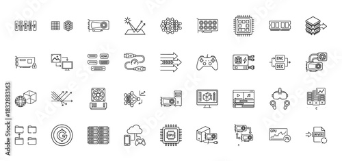 Technology and gaming line icon set. Vector pictograms of server racks, graphics card, joystick, cpu, and memory, thin linear illustration.