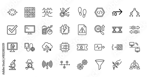 Technology and data line icon set. vector pictograms of flowchart, binary code, terminal, battery charging, and error report, thin linear illustration.