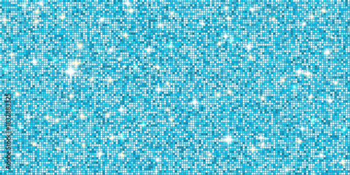 Shiny swimming pool tile background. Blue disco ball mosaic with spotlight. Mirror glitter gradient texture sequin backdrop. Dance floor with sparkles lights. Glam shimmer wall. Vector illustration.