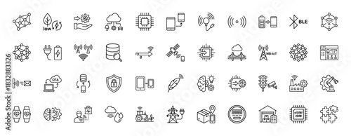 Internet of things (IoT) and smart technology line icon set. Vector pictograms of wireless connectivity, security, data, and power, thin linear illustration.