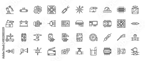 Industrial automation line icon set. Vector pictograms of robotic arm, sensor, circuit board, and actuator, thin linear illustration.