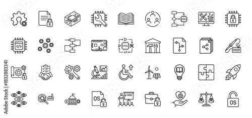 Engineering and technology line icon set. vector pictograms of software development, hardware, security, and research, thin linear illustration.