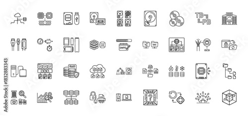 Technology and data storage line icon set. Vector pictograms of server, hard drive, ssd, usb, and cloud computing, thin linear illustration.