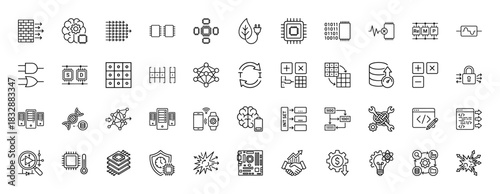 Technology and data processing line icon set. Vector pictograms of neural networks, server racks, algorithms, and microchips, thin linear illustration.