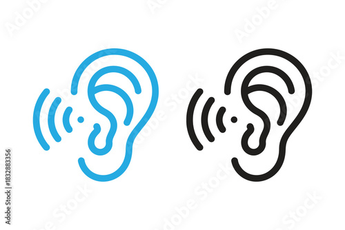 Hearing health concept two ears, one in blue and one in black, with sound waves emanating from them isolated on symbolizes hearing and audiology