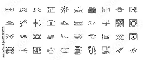 Electronics and data transfer linear icon set. Vector pictograms of differential signaling, microchips, printed circuit boards, and cable connectors, thin stroke illustration.