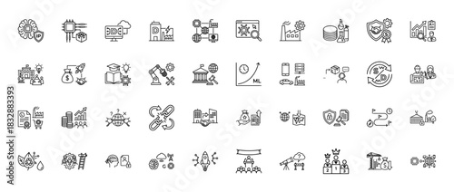 Technology business line icon set. Vector pictograms of artificial intelligence, cloud computing, finance, industry, and innovation, thin linear illustration.