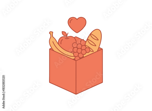 Heart Above A Cardboard Box Filled With Fruit And Bread Illustration Against A Black Background