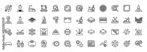 Semiconductor manufacturing line icon set. Vector pictograms of microchip processing, wafer fabrication, and materials analysis, thin linear illustration.