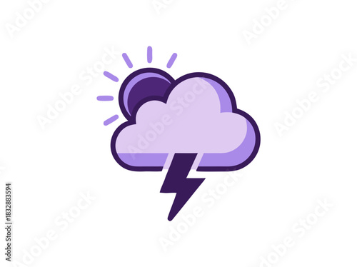Stylized illustration of a cloud with a lightning bolt and a partial sun, representing changing weather conditions in a purple and white color palette