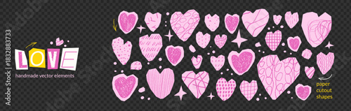 Hearts and stars paper cutout set. Collage crayon pattern textured stickers for love and scrapbook designs. Hearts, twinkle sticker, cut icon. Scrap pencil zine shapes for valentine, crafts isolated.