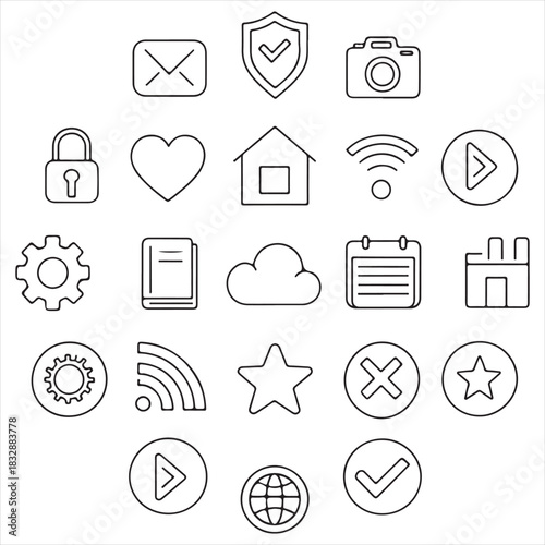 complete black and white minimal vector icon set. Clean thin outline, perfectly consistent stroke thickness, rounded corners, modern UI style, geometric shapes, vector style.