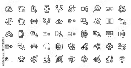 Technology and programming line icon set. Vector pictograms of data speed, battery charge, flowchart, coding, and chip components, thin linear illustration.