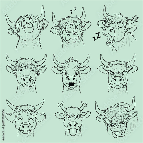 Nine highland cow head expression set