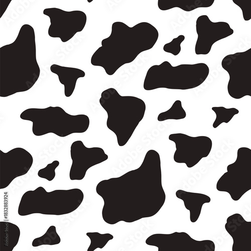Classic cow spots seamless pattern, featuring irregular amoeba-like blobs and monochrome holstein motifs. Animal print texture with bold black patches and creative forms. Vector cow skin illustration.