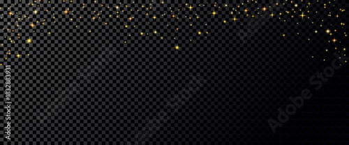 Night blinks glitter background. Shimmer spray effect for celebration banners. Shiny stardust light powder texture. Festive particles border isolated on dark background. Vector overlay illustration.