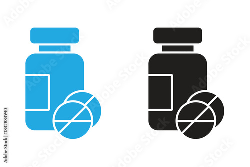 Pill bottle and pills isolated on, vector illustration of medicine, healthcare and pharmacy concept, flat design, simple and modern style