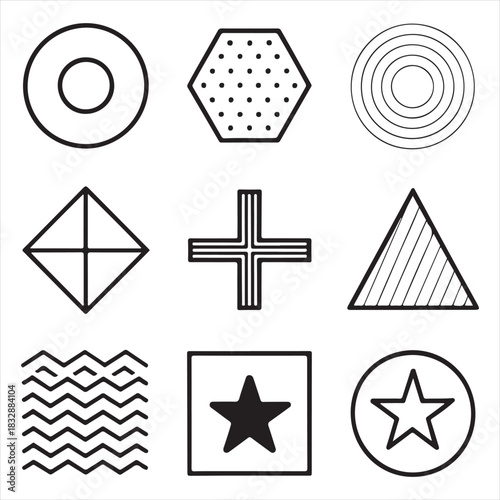 Black & white geometric icon set — circle, square, triangle, hexagon, cross, star, wave line, dots — clean minimal shapes, vector 