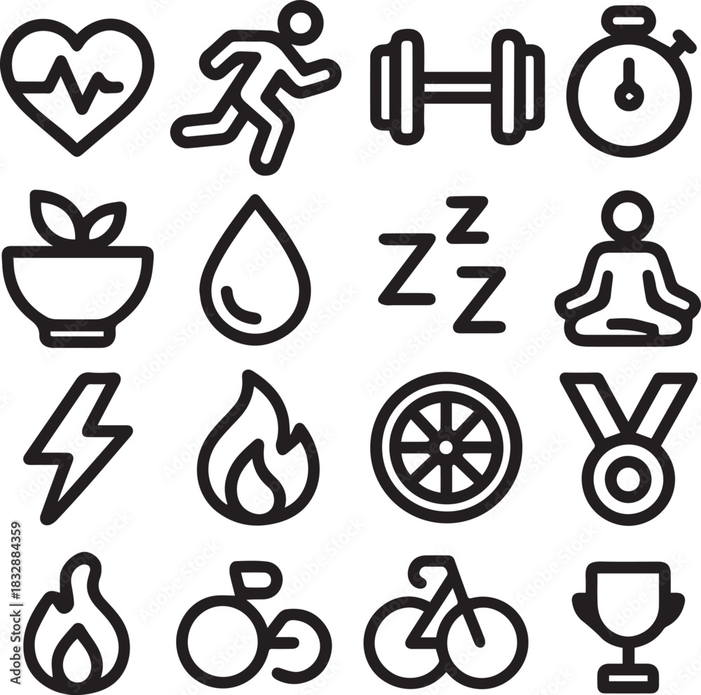 Naklejka premium Bold Thick Outline Fitness Vector Icons for Modern UI Design