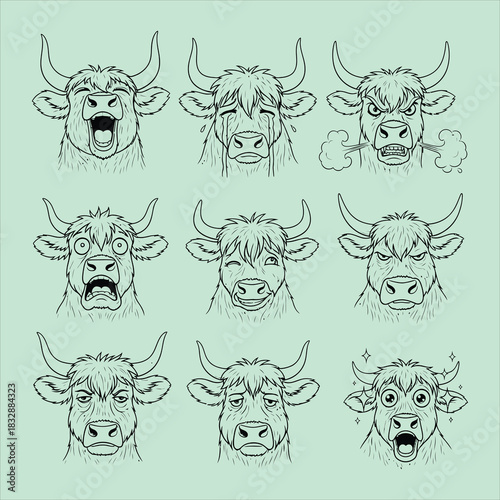 Nine expressive bull face line drawings