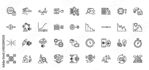 Artificial intelligence and machine learning line icon set. Vector pictograms of neural networks, processors, data, and hardware, thin linear illustration.