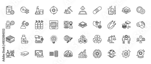Semiconductor manufacturing and supply chain line icon set. Vector pictograms of silicon wafer, chemical beaker, pcb, mining, and oil barrel, thin linear illustration.