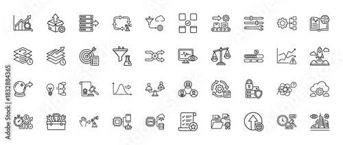 Business and technology line icon set. Vector pictograms of analysis, data storage, development, and optimization, thin linear illustration.