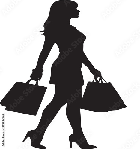 Stylish woman silhouette walking with shopping bags isolated on transparent background ready for your design project