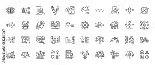 Data science and analytics line icon set. Vector pictograms of machine learning, cloud computing, and statistics, thin linear illustration.