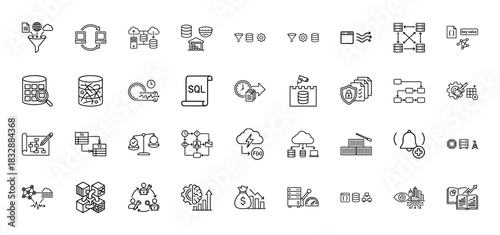 Big data and cloud computing line icon set. Vector pictograms of funnel, database, security, and process flow, thin linear illustration.