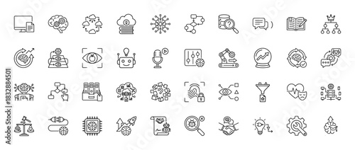 Artificial intelligence line icon set. vector pictograms of machine learning, deep learning, data analysis, and robotics, thin linear illustration.