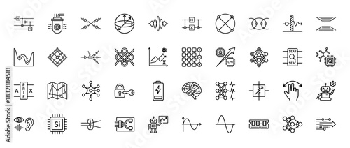 Quantum computing and technology line icon set. Vector pictograms of qubit, circuit, entangled particles, and artificial intelligence, thin linear illustration.