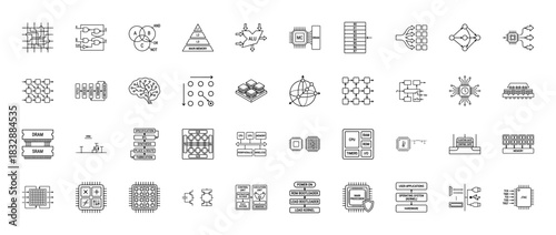 Computer science and digital electronics line icon set. Vector pictograms of logic gates, memory, alu, cpu, and network devices, thin linear illustration.