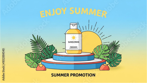 Vibrant summer promotion featuring a sun lotion bottle on a podium surrounded by tropical leaves and a shining sun illustration