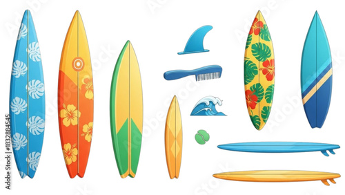 A vibrant collection of colorful surfboards and surfing accessories for summer beach fun