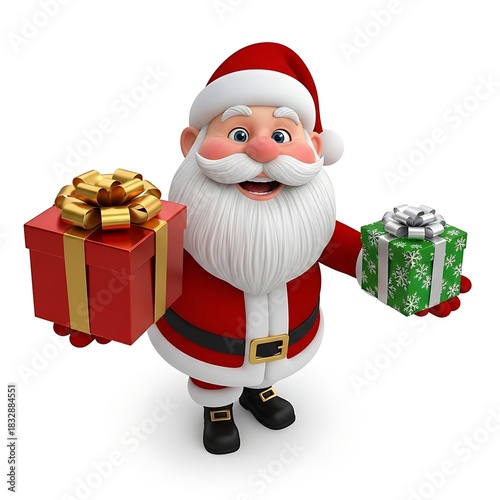 Cartoon santa holding two christmas presents up high