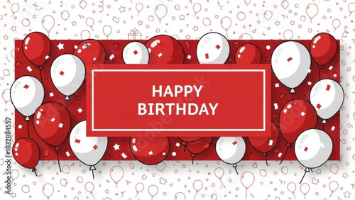 Festive birthday celebration banner with decorative red and white balloons
