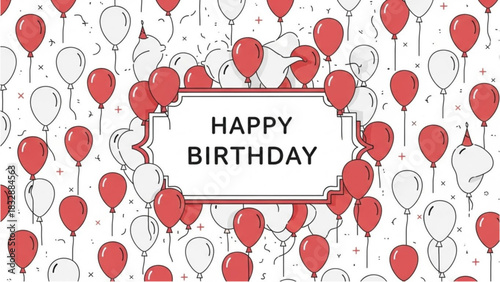 Festive Happy Birthday greeting card illustration with vibrant red and white balloons and exploding confetti for joyful celebrations