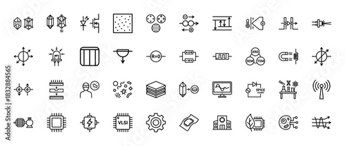 Semiconductor technology and microelectronics line icon set. Vector pictograms of crystal, diode, transistor, and integrated circuit, thin linear illustration.