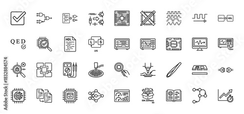 Electronics and integrated circuit design line icon set. Vector pictograms of logic gates, pcb, oscilloscope, fpga, and hdl, thin linear illustration.