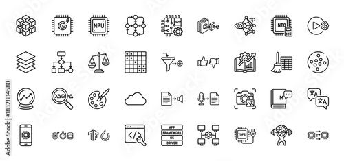 Artificial intelligence and machine learning line icon set. Vector pictograms of neural networks, chips, and data processing, thin linear illustration.