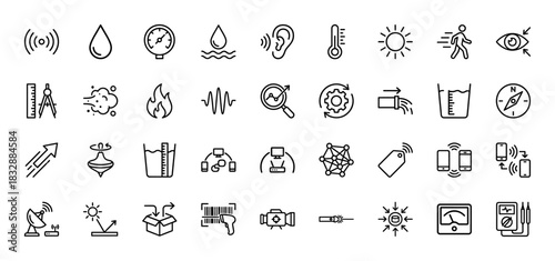 Sensors and detection line icon set. Vector pictograms of sound wave, water drop, compass, barometer, and laser, thin linear illustration.