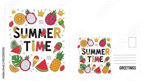 Bright Summer Time Fun with Tropical Fruits and Ice Cream Postcard Design