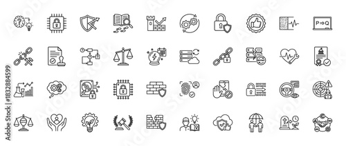 Security and protection line icon set. Vector pictograms of shield, lock, chain, fingerprint, and firewall, thin linear illustration.